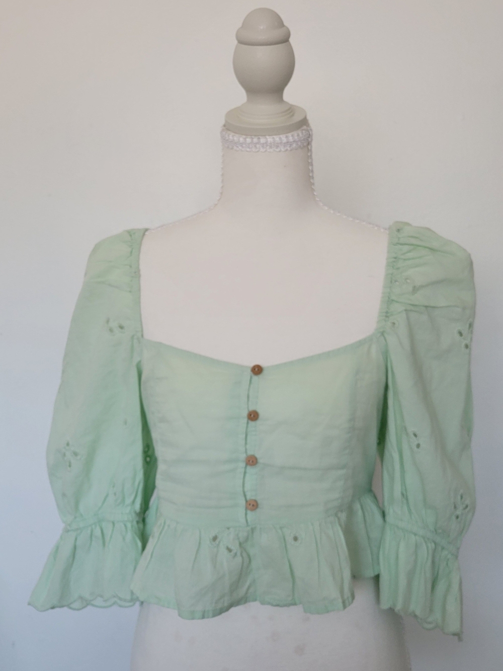 Zara Mint Green Cottagecore Puff Sleeve Crop Top Size XS 100% Cotton